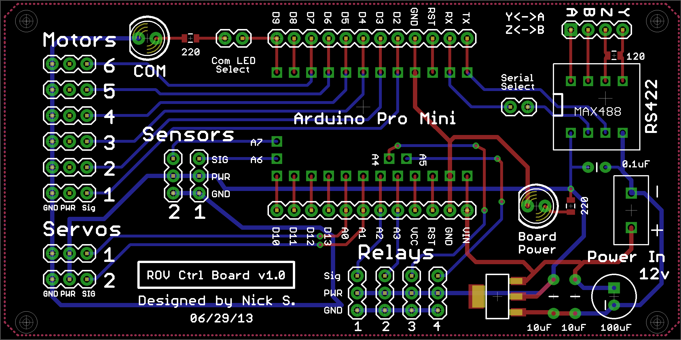 Custom ROV Control Board: Supports up to 6 motors, 2 servos, 2 analog sensors, and 4 relays or 4 analog sensors depending on software configuration.