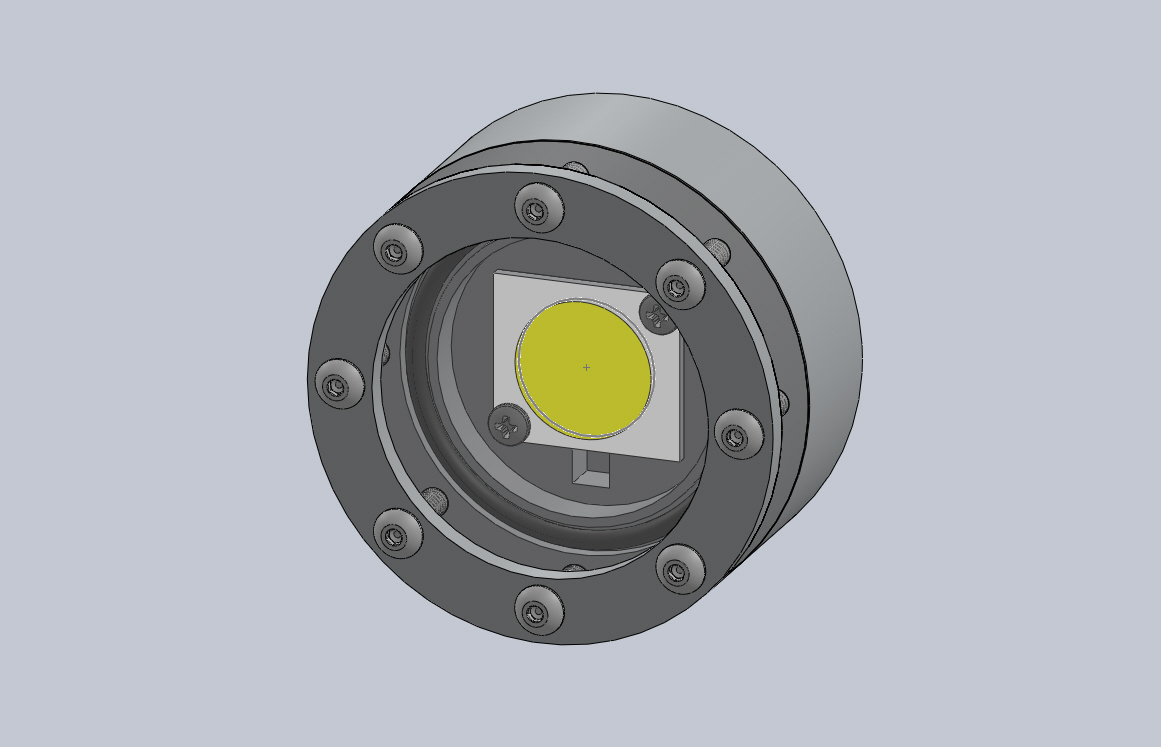 This is my LED housing. The base will be made from 3/4in aluminum. The there is a o-ring and a 3/8in piece of polycarbonate. A 1/8in aluminum ring goes on top of the plastic and 8 pan head screws will tighteten everything down on the o-ring. I am going to either pot the wire connection our use a gland connector from McMaster-Carr.