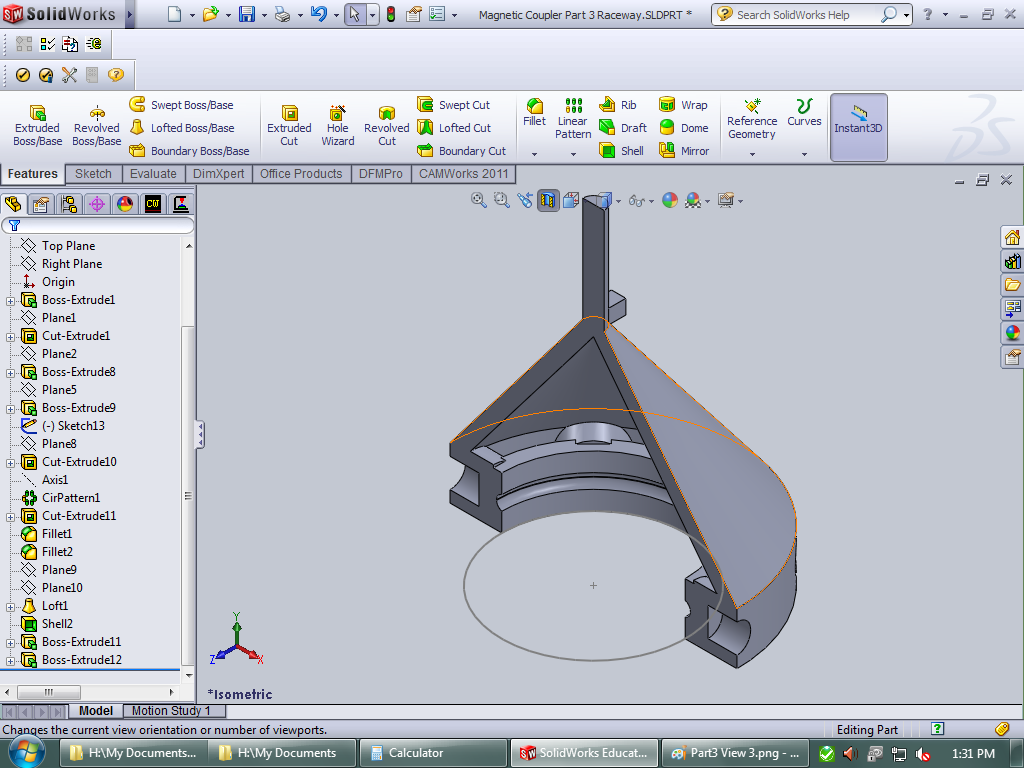 Part 3, which is what my propeller will be attached to, driven by the internal magnets. This is a split view, showing the internal raceway for the bearing balls and the holes for the magnets.