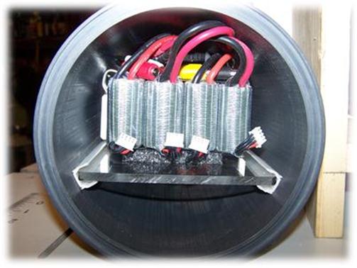 Aft end showing the machined o ring groove, the internal board rails and the bank of four 11.1 Volt 5000mAh Lipo batteries.