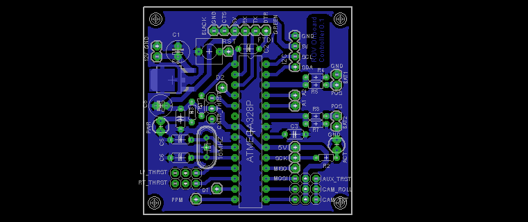Onboard Rx/controller board. Decodes PPM stream and is used to output PWM to ESCs for motor control, also used for battery monitoring, sensor input and output to On Screen Display board.